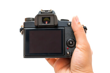 photographer holding digital camera in hand isolated on white background PNG. GENERATIVE AI