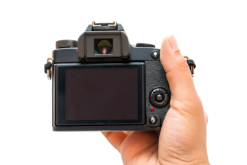 photographer holding digital camera in hand isolated on white background PNG. GENERATIVE AI
