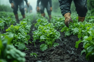 Farm workers are carefully harvesting crops in a rural field early in the morning, surrounded by vibrant green plants amidst a foggy atmosphere Generative AI