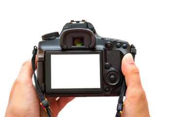 photographer holding digital camera in hand isolated on white background PNG. GENERATIVE AI