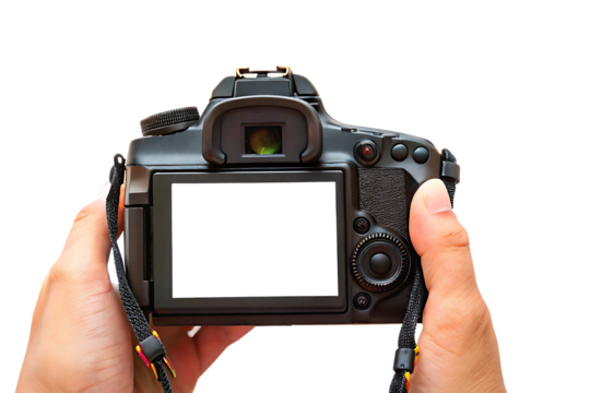 photographer holding digital camera in hand isolated on white background PNG. GENERATIVE AI - Powered by Adobe