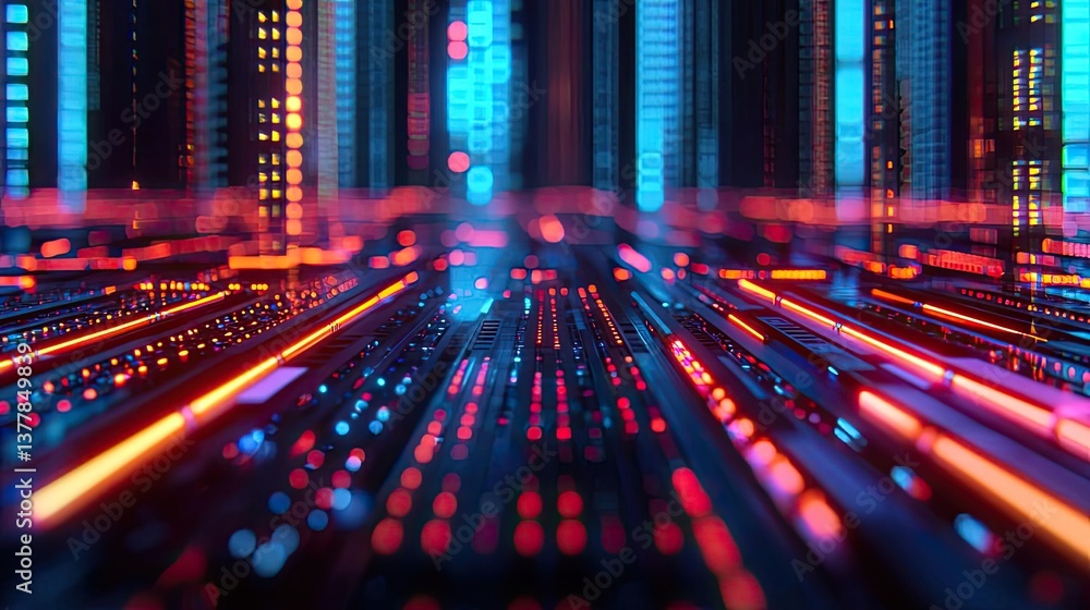 Poster motion blur city featuring future panorama and cyberspace landscape concept. abstract digital lines 