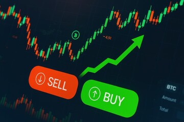 Bitcoin cryptocurrency trading showing buy and sell options with upward trend