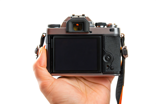 photographer holding digital camera in hand isolated on white background PNG. GENERATIVE AI