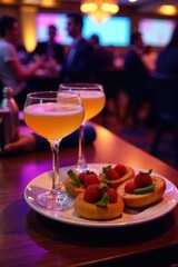 Drinks and appetizers at a conference networking event , table, drinks