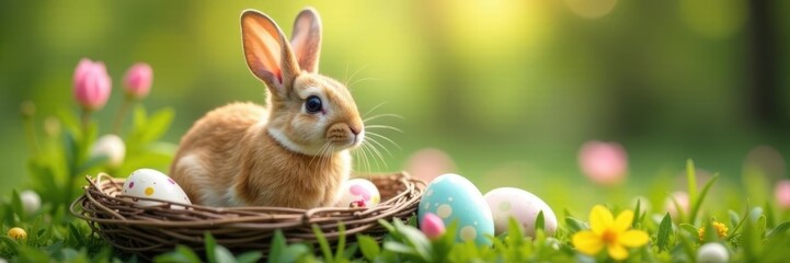 Obraz premium Easter bunny surrounded by speckled eggs in nest , holiday, rural