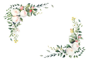 Vector watercolor floral border wreath. Spring pink roses frame with leaves, yellow grass flowers,Cards, invitations, decorative borders garlands. Wedding, Mother's Day, Valentine's Day, Women's Day