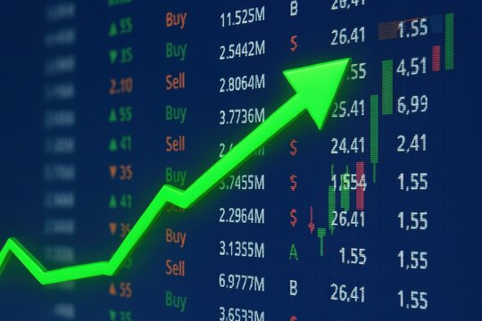 Stock market prices going up indicated by green arrow on monitor