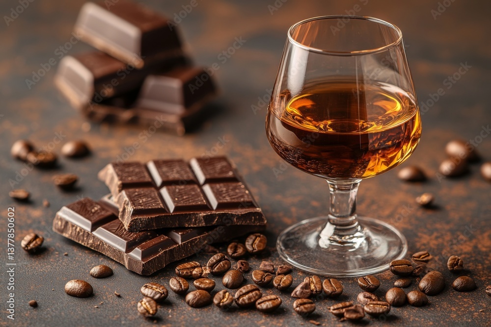 Poster cognac sits elegantly in a snifter next to dark chocolate pieces and scattered coffee beans, creatin