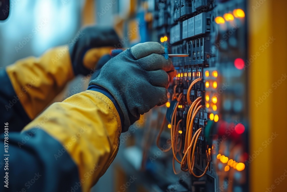Poster a technician wearing gloves is carefully connecting wires to a control panel, ensuring proper functi