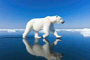 Polar bear strolls water, reflecting in the arctic sea under a clear blue sky