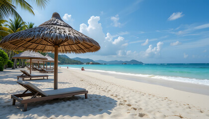 Fototapeta premium Tropical beach with thatched umbrellas and lounge chairs by the ocean