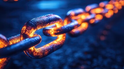 Close-up of a metal chain with warm light emphasizing each link against a dark background