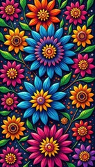 Intricate floral circle patterns, vibrant colors, wheel, sun