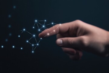 Hand reaching towards glowing digital connections in dark ambiance