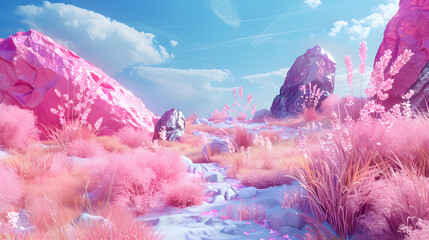Obraz premium Mystical pink mountain landscape with dramatic skies, enchanting dreamlike scenery with a peaceful ambiance, ideal for creative digital artwork.
