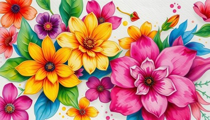 Fototapeta premium Vibrant watercolor and acrylic flower painting, colorful blooms on textured paper, botanical, abstract