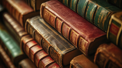 A close-up photo of antique book spines on dark oak shelves, warm earthy tones with occasional red or green covers. Shot from a slight angle to reveal book textures and timeworn patterns. Background