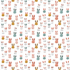 Hand-drawn bunny faces in pastel colors on white background