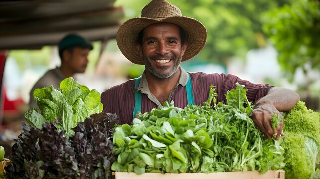 Farmer showcasing a wide selection of fresh greens at an organic market