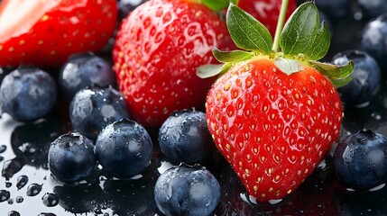 Close-up of ripe strawberries and blueberries on display at a fruit stand