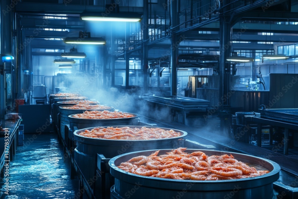 Poster in a seafood factory, numerous large tanks containing steaming shrimp showcase the bustling processi