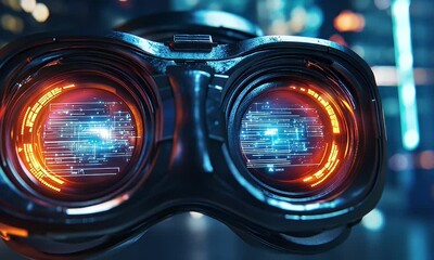 Futuristic binoculars with digital interface reflecting a cityscape - Powered by Adobe