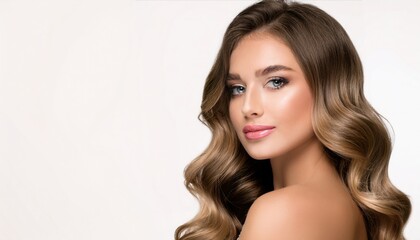 Naklejka premium Radiant natural makeup style with light mascara and soft waves 