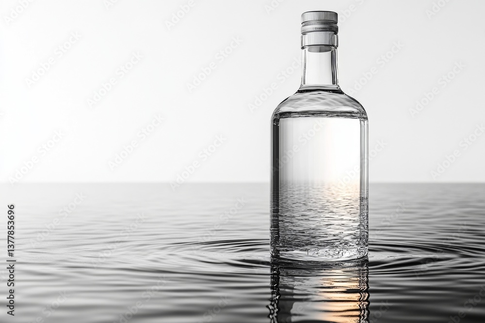 Poster a vodka bottle stands upright on the surface of calm water, creating gentle ripples while reflecting