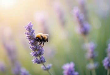 Bumblebee on Lavender Flower Soft Summer Sunlight Nature Bloom Macro Field Image Purple Insect      