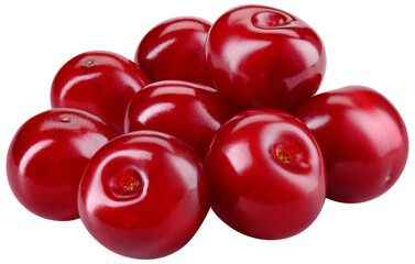 Cherry isolated png. Sour cherry on white or transparent background. Perfect retouched cherries no background.  Png cherry full depth of field.