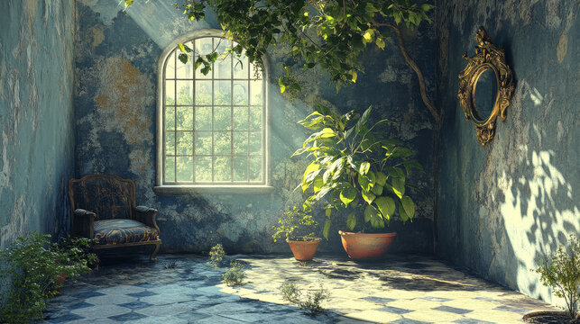 Sunlight Illuminating a Rusted Interior Garden