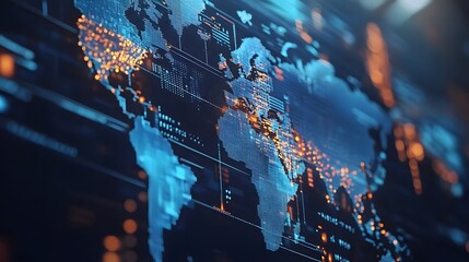 Fototapeta premium Global Network in Cyberspace: The image depicts a digital rendering of the world map showcasing a global network, symbolizing technology and communication across continents.