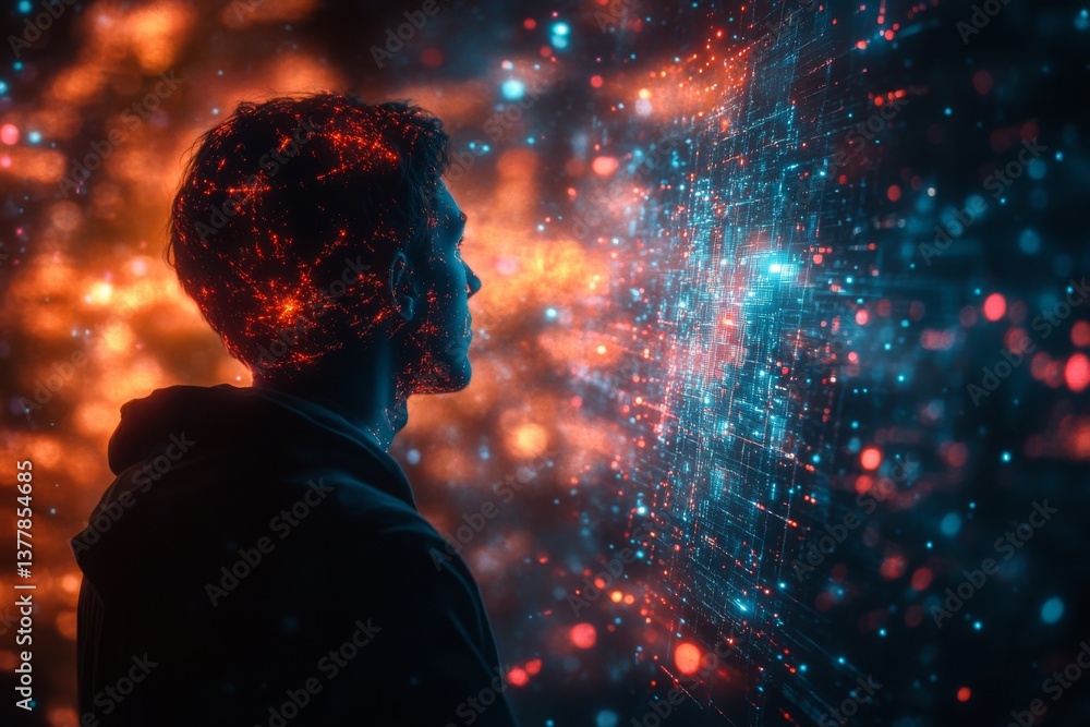 Poster a figure stands in awe, gazing at a vivid display of vibrant colors and data points, representing th