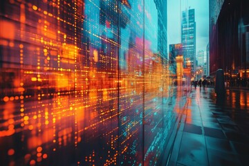 Fototapeta premium A bustling city street captures the essence of digital connectivity with vibrant lights reflecting off surfaces, creating a dynamic urban atmosphere on a rainy day Generative AI