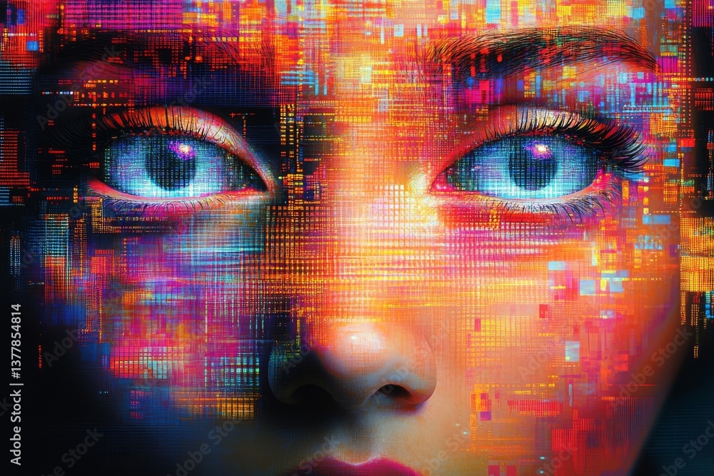 Fototapete Vibrant digital artwork showcases a person’s eyes surrounded by colorful patterns and data, emphasizing the fusion of technology and creativity in contemporary art Generative AI