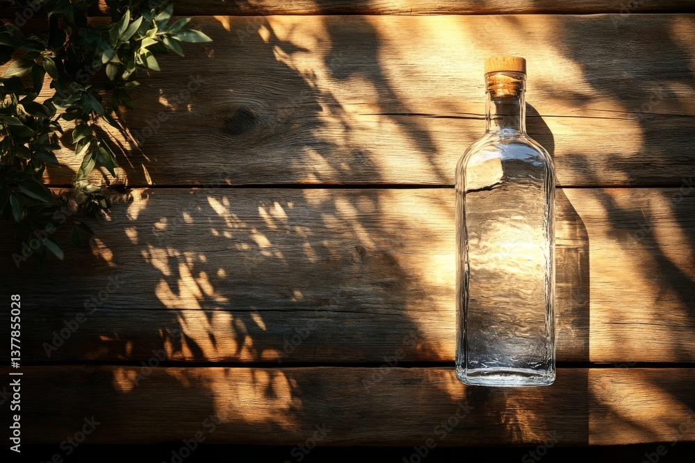 Poster a clear vodka bottle sits on a rustic wooden surface, illuminated by soft natural light. shadows fro