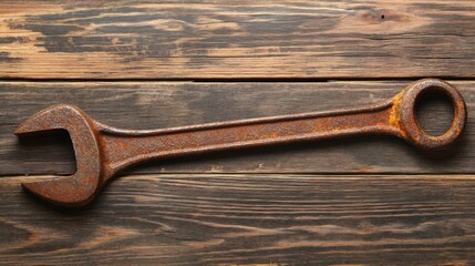A rusty wrench rests on an aged wooden surface, showcasing the wear and history of tools used in construction and repair throughout the years