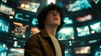 Curly-haired teen looking up surrounded by digital screens