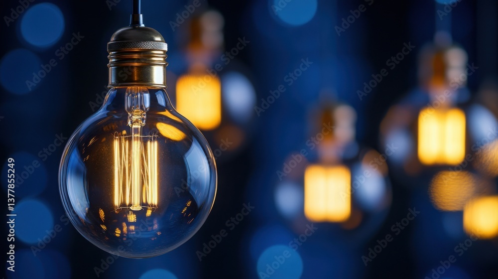 Poster a close-up view of a glowing light bulb with visible filament, suspended against a dark background, 