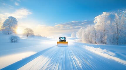 Fototapeta premium A snow plow navigates a quiet snowy road, showcasing the rural beauty of white hills and a bright blue sky, creating a perfect harmony with nature.
