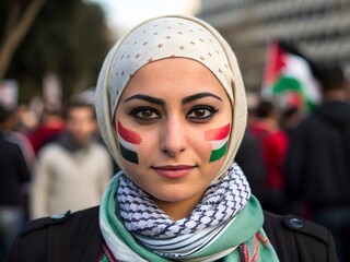 Woman with Palestinian Flag Face Paint, Protest Portrait


