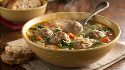 Steaming Bowl of Italian Wedding Soup &ndash; Hearty Meatball and Greens
