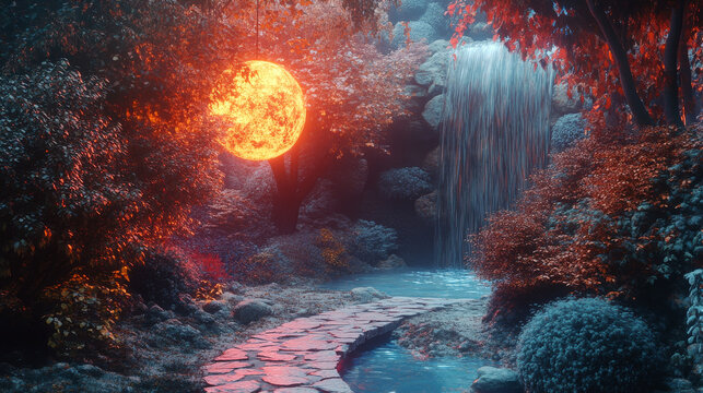 Enchanted Forest Pathway with Fiery Sun