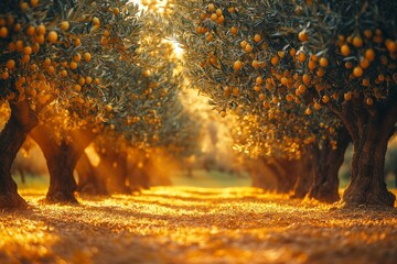 Fototapeta premium Golden sunlight filters through lush olive groves in Italy, illuminating the ripe fruit ready for harvest, creating a serene and bountiful atmosphere Generative AI