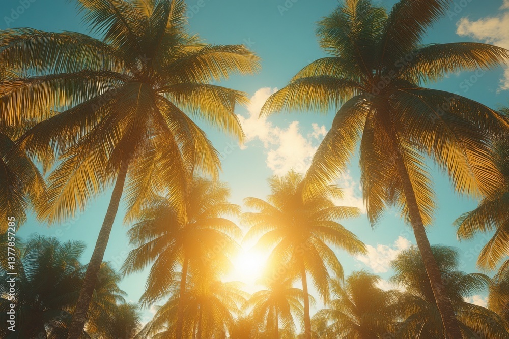 Poster coconut palms reach for the colorful sky, illuminated by the golden glow of the setting sun, creatin