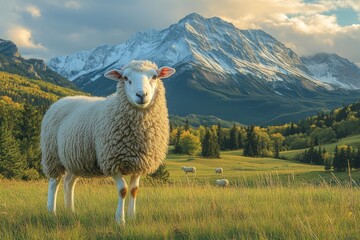 Fototapeta premium Sheep calmly graze in a verdant meadow surrounded by majestic mountains and vibrant autumn trees, capturing a peaceful moment at sunset Generative AI