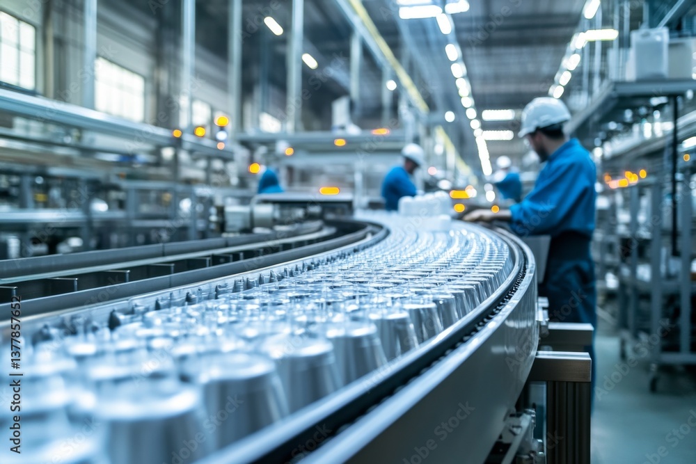 Poster workers are actively engaged in packaging products on an assembly line, efficiently processing cans 
