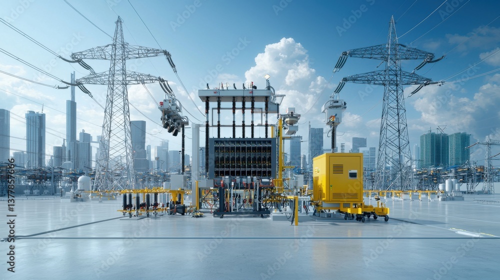Poster overhead power lines transformers and other electrical infrastructure in a modern urban setting with