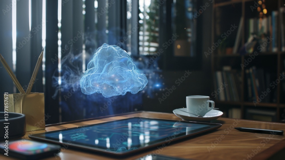 Aufkleber a tablet on a desk, projecting a d holographic ai assistant with interactive elements floating in mi